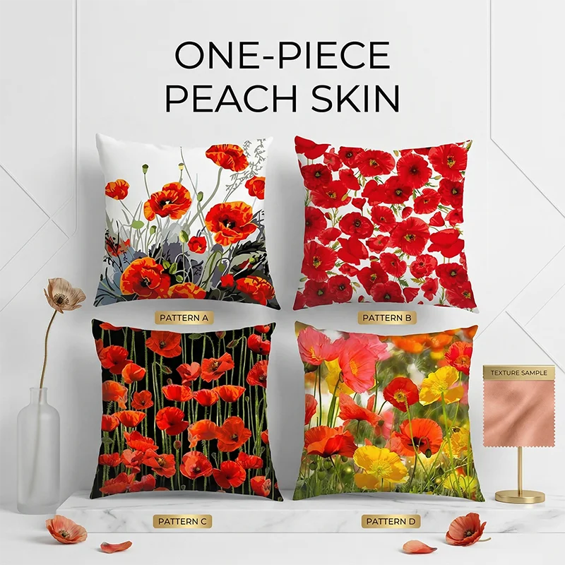 Red Poppy Flower Cushion Cover Floral Botanical Print Throw Pillow Case for Living Room Sofa Bed Spring Summer Home Decor 40x40