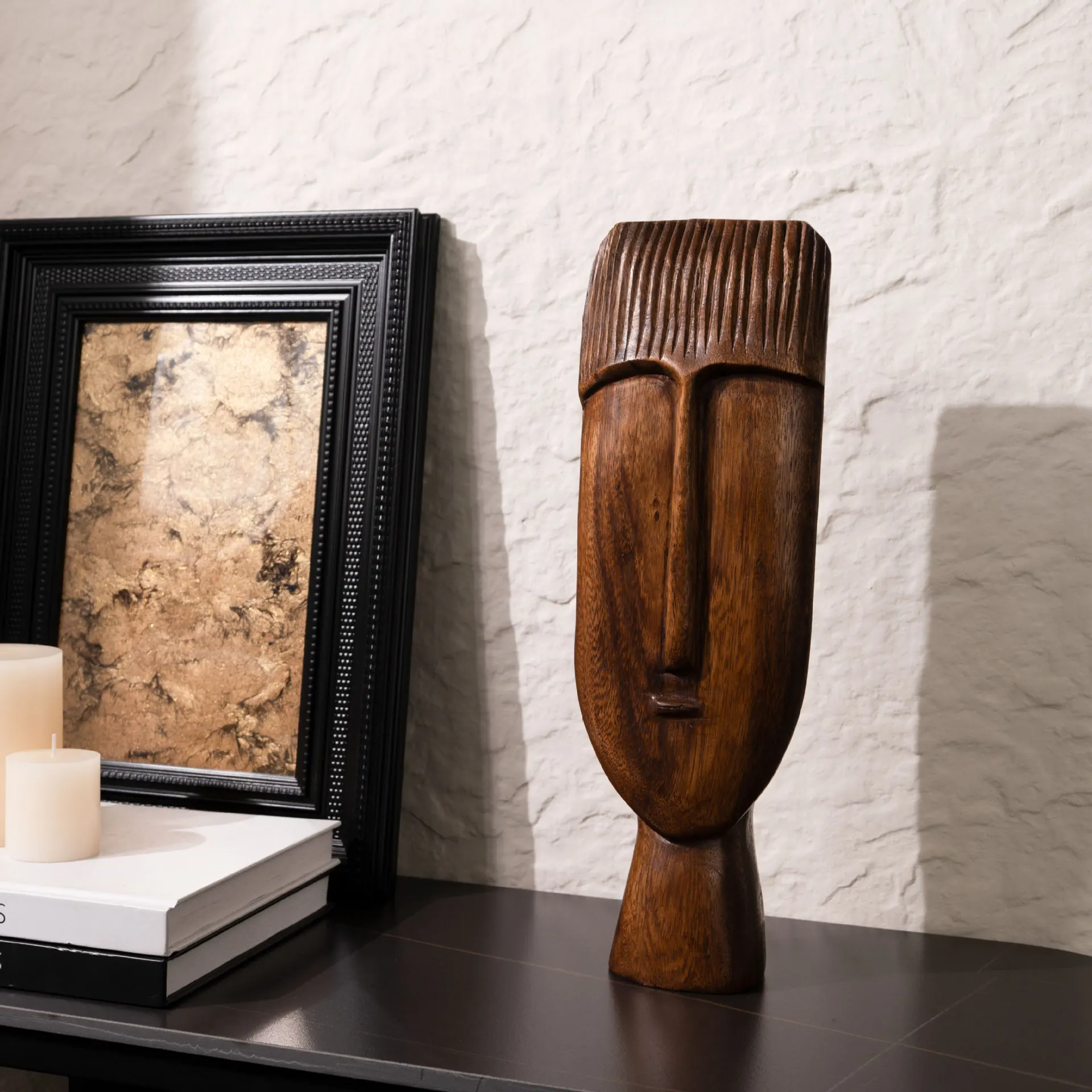 Abstract Hand‑Carved Solid Wood Face Figurine Wabi‑Sabi Art Sculpture Ornament for Home B&B Model Room Desktop Decoration