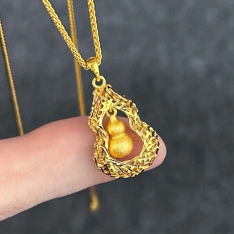 

Genuine 18KT Gold Color Golden Hollow Swinging Brushed Gourd Pendant Necklace for Women Bride Jewelry Wedding Birthday Gifts