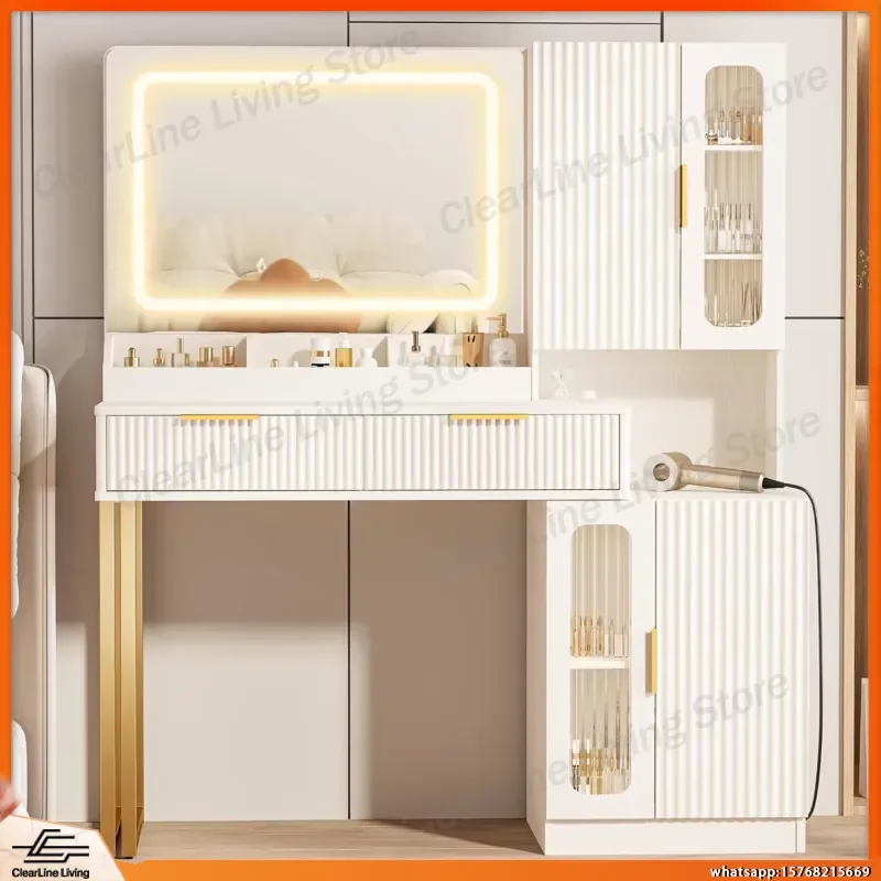 45 Inch Modern Makeup Vanity Desk with LED Mirror Lights 5 Shelves 2 Drawers Cabinet Storage Vanity Table for Bedroom