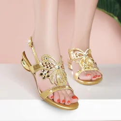 Sandali da donna moda estiva donna farfalla cristallo Glitter Bling versatili comode scarpe con tacco basso da esterno antiscivolo