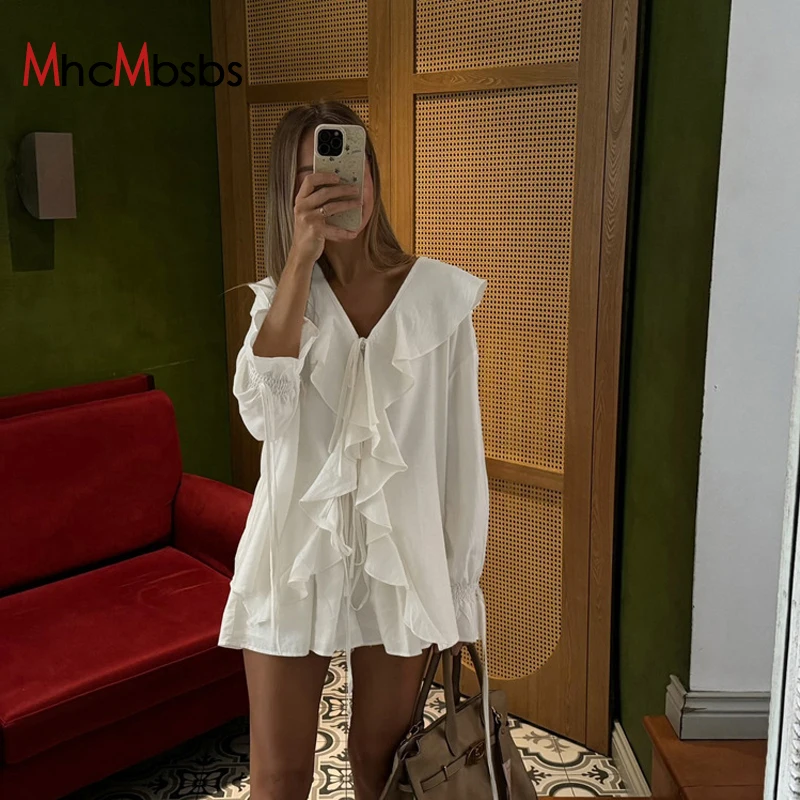 

Casual Ruffles Shorts Suits Women Loose See Through V Neck Hollow Out Sets Female 2025 Spring Fashion New Lace Up Sets Lady