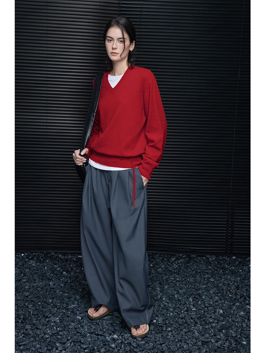 

Красный шерстяной вязаный свитер с V-образным вырезом для женщин, модный дизайн с утяжкой на талии, осенне-зимний уличный стиль, свободный крой, топ с длинными рукавами