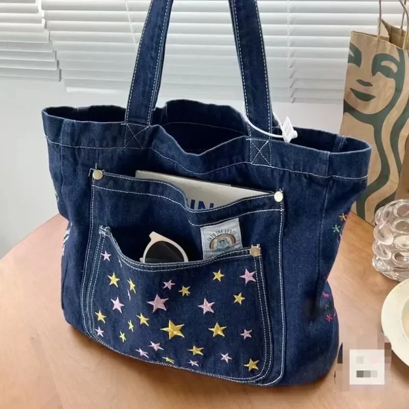 Moda Trendy Five Star Totes per le donne borsa a tracolla in Denim ad alta capacità Office Lady Simple Canvas Underarm Bag fuchaycucuvenia