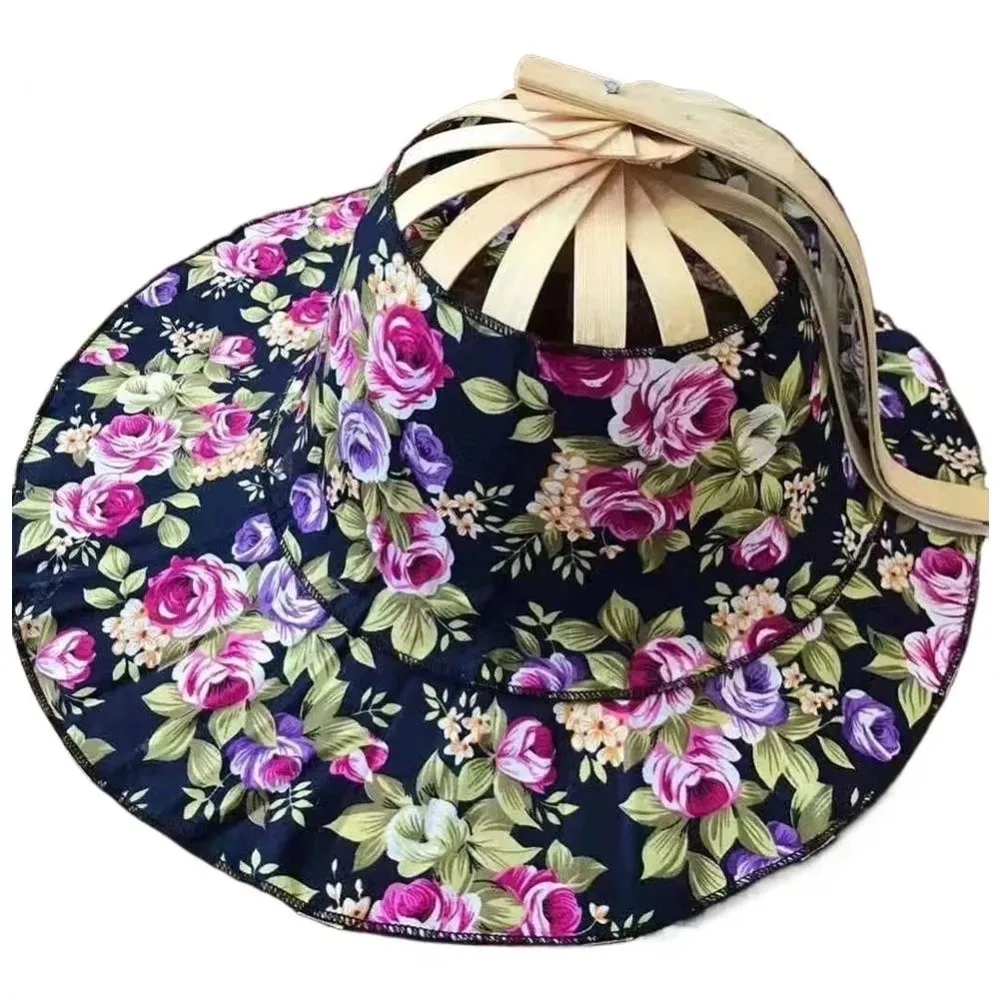

Wide Brim Folding Fan Hat Floral Printed UV Protection Fan Sun Hats Foldable Chinese Style Bamboo Sunscreen Cap Summer