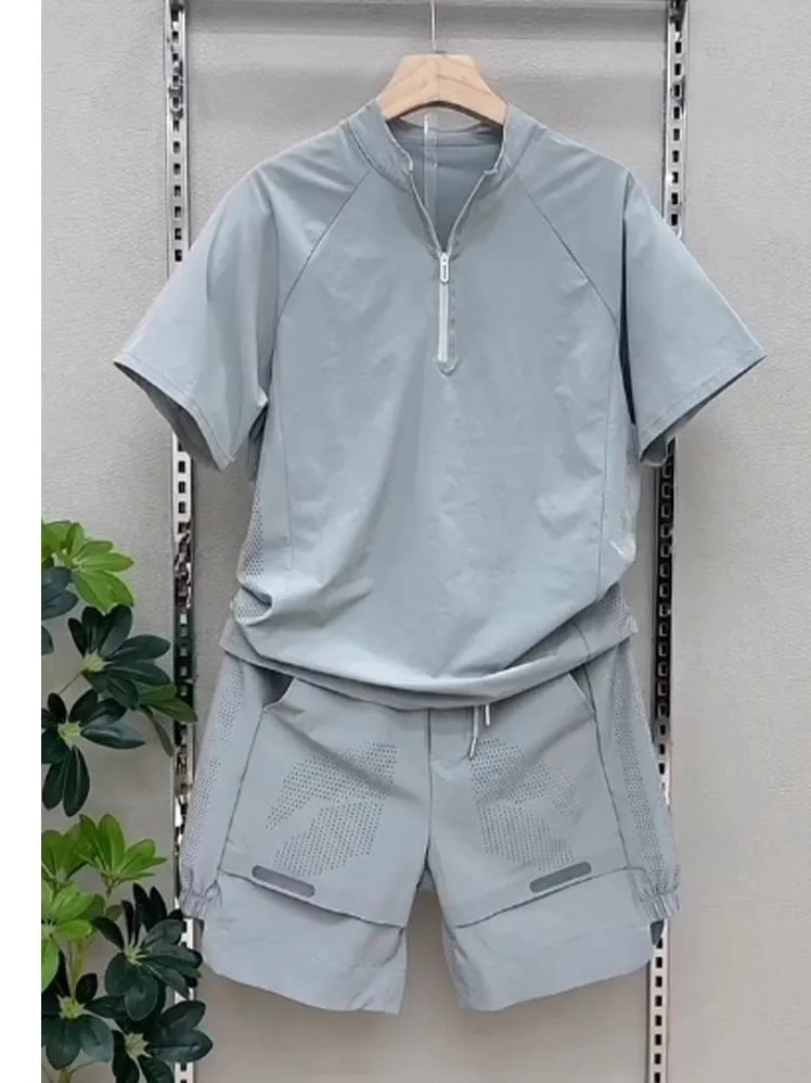 american-large-size-2300-lbs-workwear-style-quick-dry-two-piece-set-summer-loose-mesh-breathable-short-sleeve-shorts-set