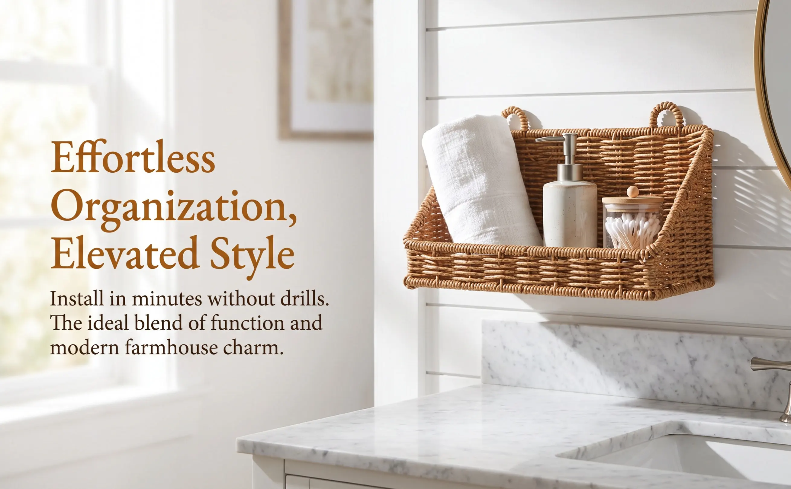 Bathroom Wall Storage Basket Plastic Rattan Shower Organizer No Drill Hanging Shelf Farmhouse Boho Style Toiletries Kitchen