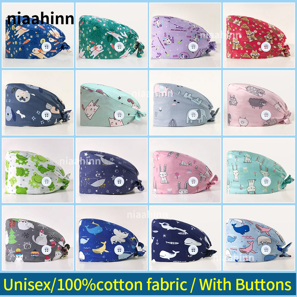 Dental Clinic Surgical Cap Hospital Medical Cotton Doctor Cap Print Medical Accessories Dentist Beautician Work Hat with Buttons