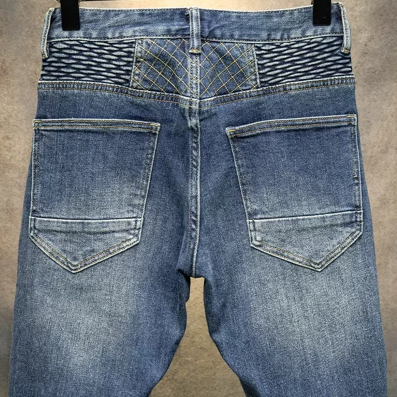 High Street Fashion Men Jeans Retro Blue Spliced Designer Elastic Skinny Biker Jeans Men Patched Hip Hop Denim Pencil Pants Men