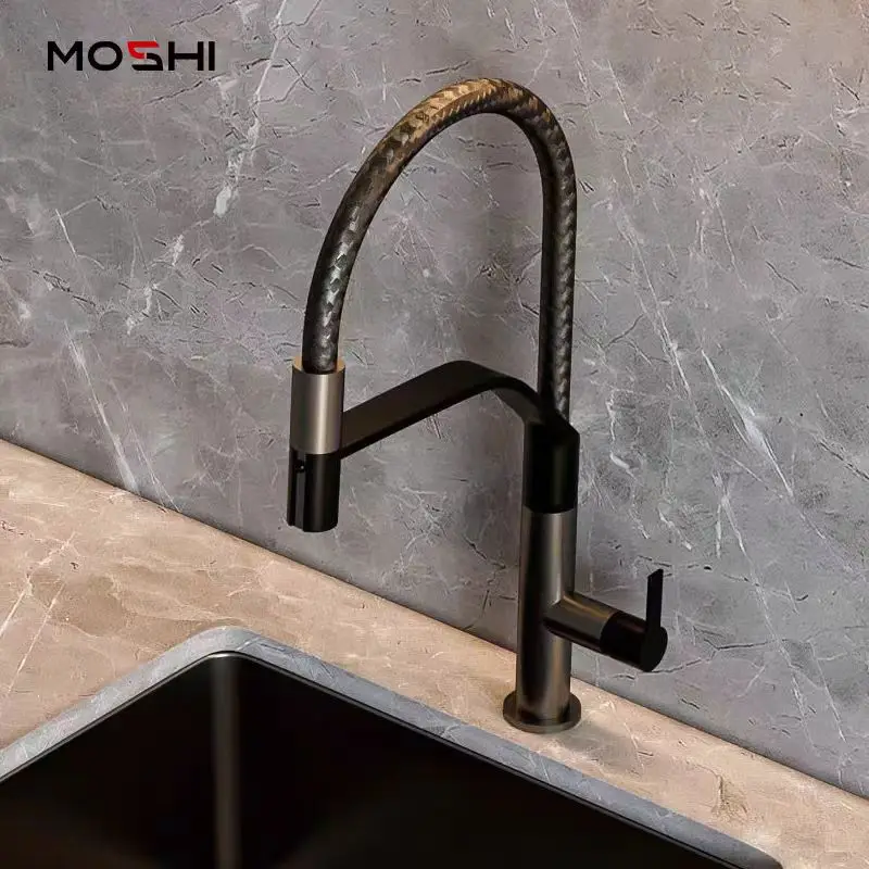 Luxury Brass Kitchen sink faucet Modern Hot cold water Kitchen Fauet Top Quality Pull Out Kitchen Tap 1 Hole 1 Handle,Gun Grey