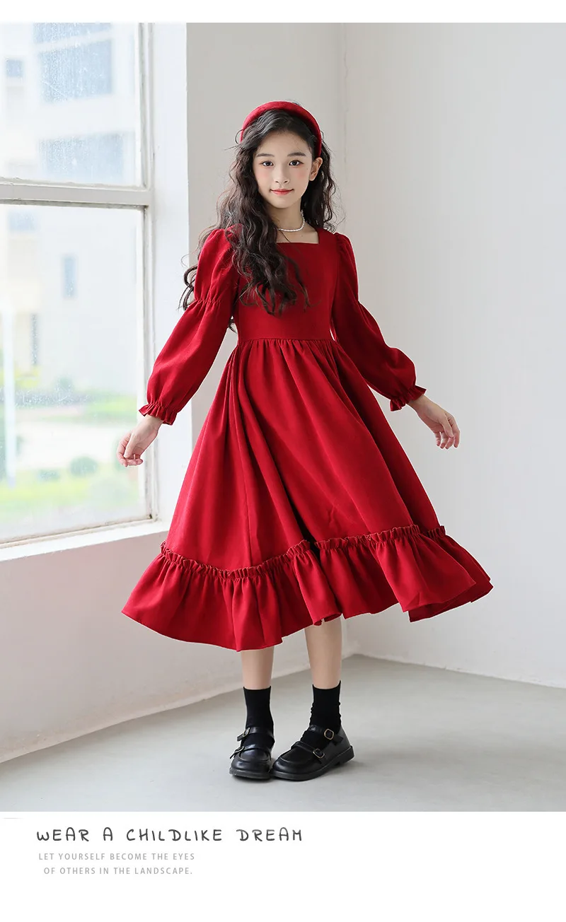 Kinder Mädchen Langarmkleider Herbst UNITIM 4-14 Jahre Kinder Mädchen Kleid mit quadratischem Kragen Rotes Kleid mit Rüschen Junior Mädchen Prinzessinnenkleider – Detail 6