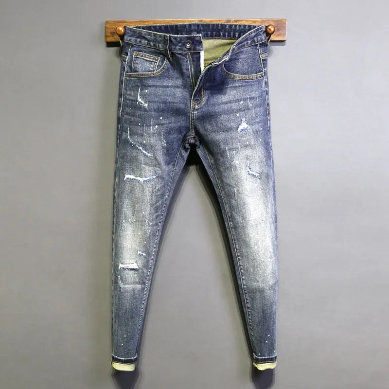 Calça lápis retrô lavada masculina, azul profundo, elástica, apertada, jeans de grife para adolescentes, jeans de alta qualidade, moda de rua