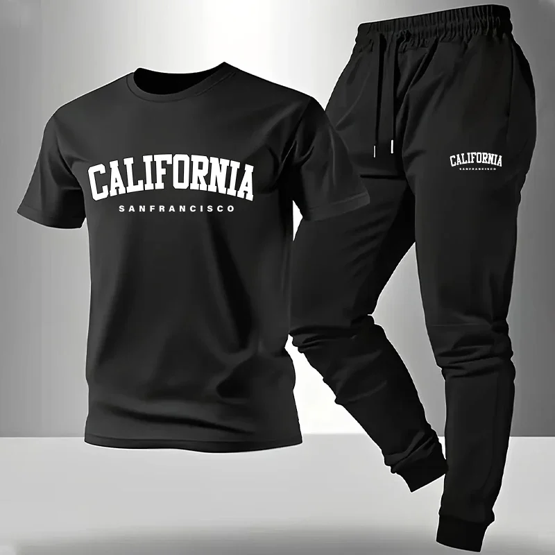 

California Printed T-shirt and Sweatpants Summer Men Daily Casual Fashion Short Sleeve Outfit Cotton Tees Top 2026 Men's Clothes