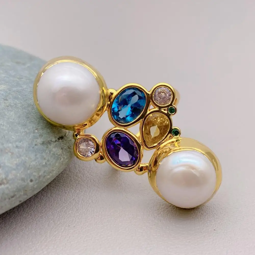 

YYGEM Multi Color Cz pave 12mm Natural roundPearl Finger gold plated Rings Adjustable