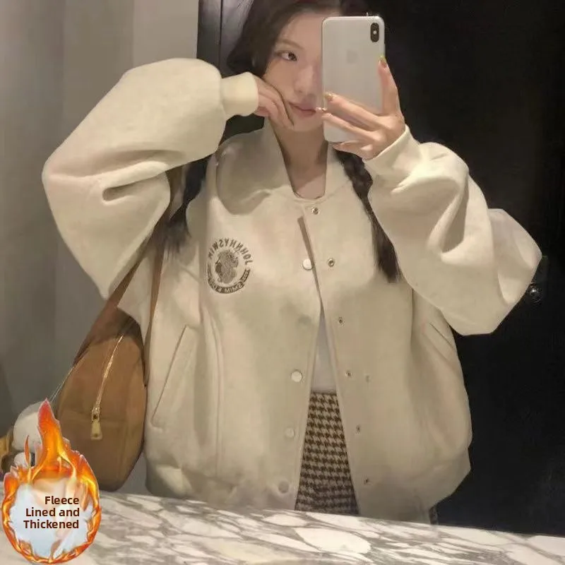 

Fashionable Fleece Lined Long Sleeve Baseball Jacket Women's Thickened Autumn Winter Design Sense Popular Sweatshirt