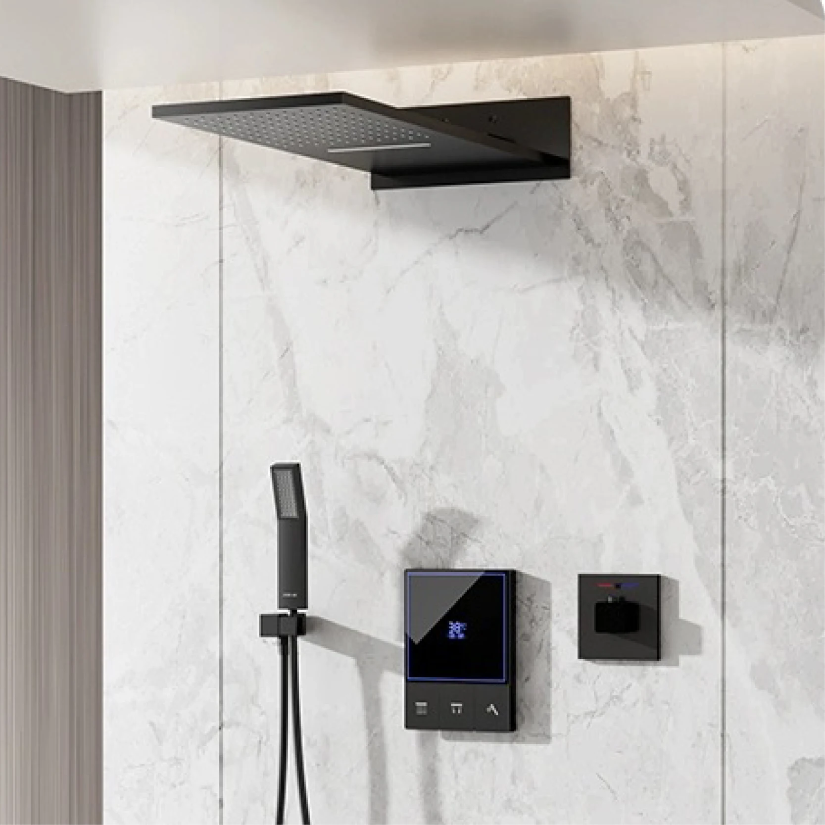 Luxury black brass shower system with digital display screen design Wall mounted dual control cold and hot 3 function shower Tap