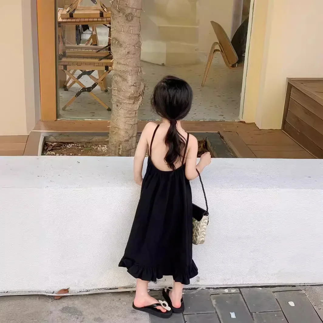 Girls Dress Korea 2024 Summer New Solid Color Sundresses Vacation Backless Sexy Spicy Girl Baby Fashion Kids Summer Clothes