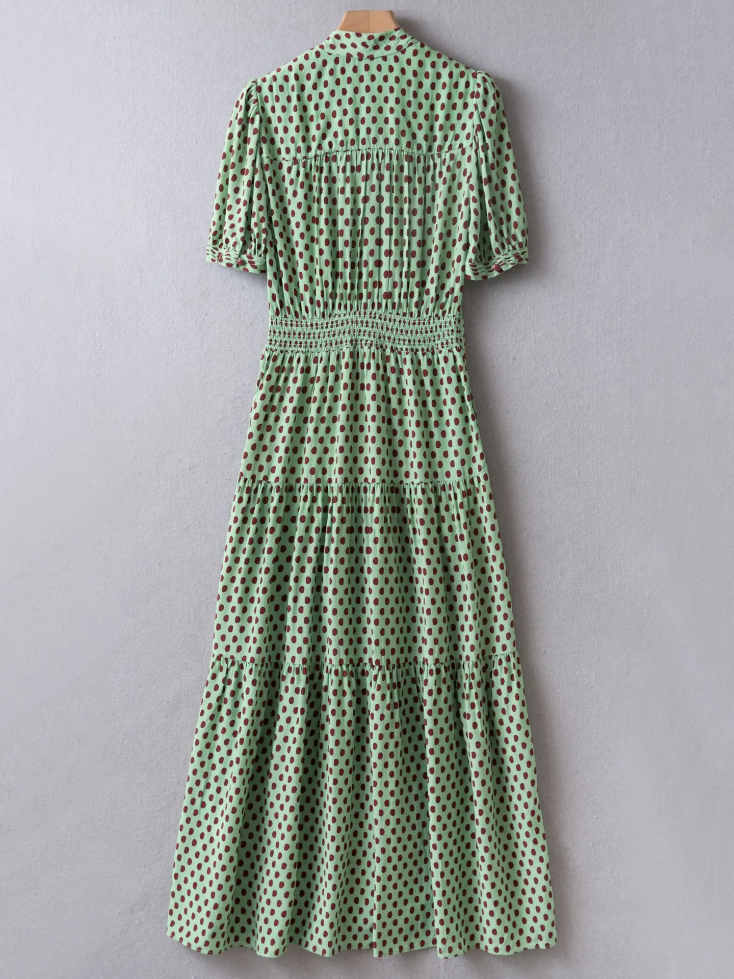 Summer Collection | Green Brown Polka Dot Dress | V-Neck Puff Sleeve Crepe Dress | US2-US12