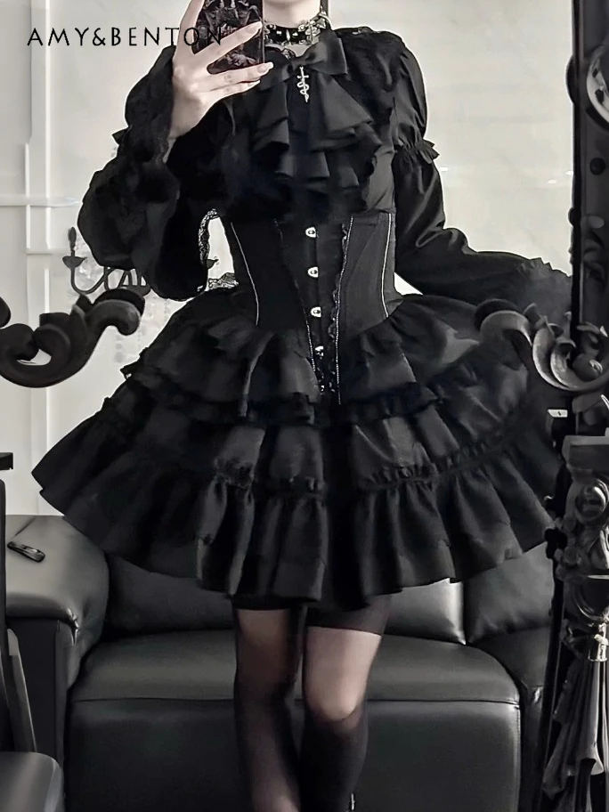 

Subculture Dark Girl Sweet Cool Skirt Sets Goth Lace Bell Sleeve Fishbone Shirt Waist Belt Mini Puff Skirt Lolita Two-Piece Set