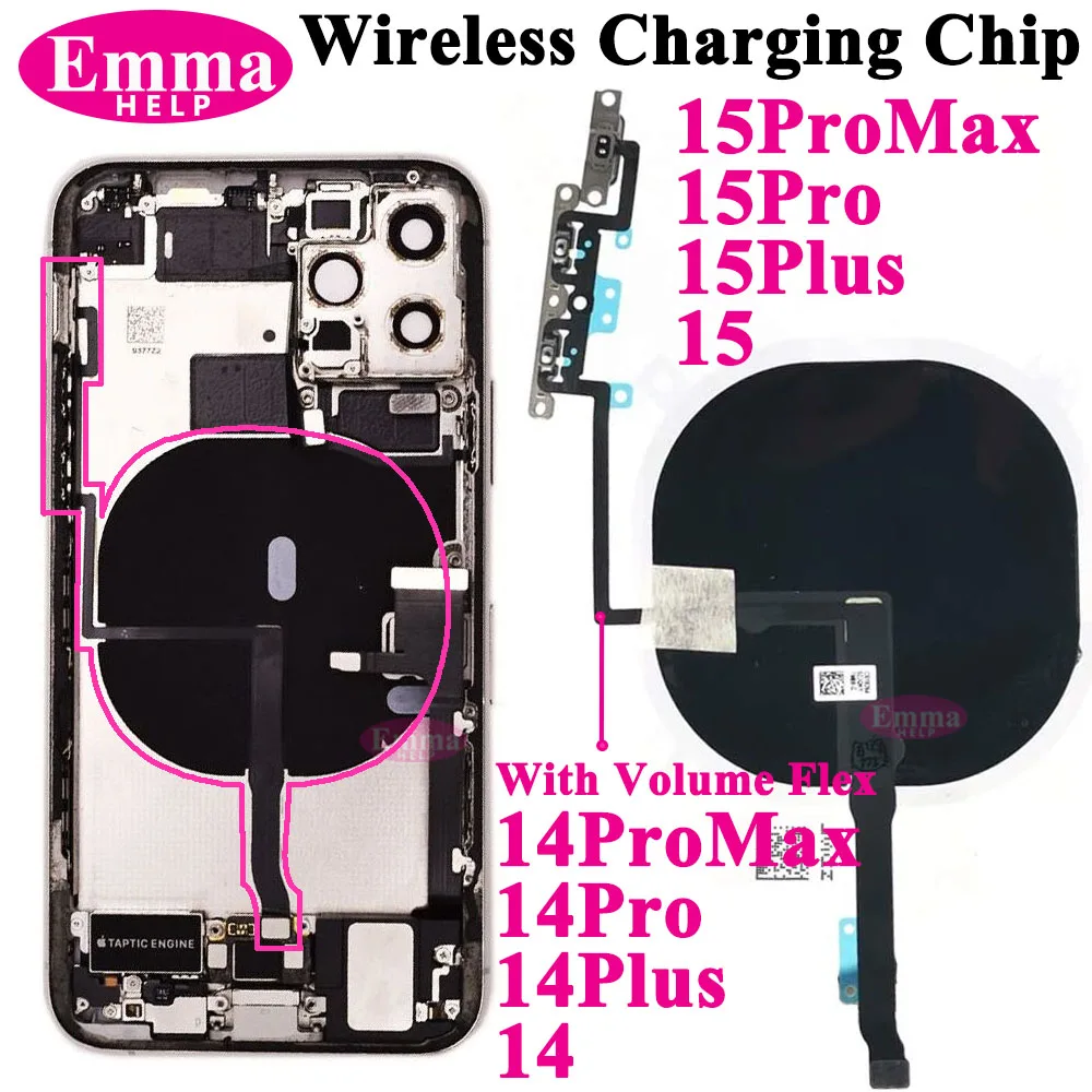 Emmahelp Wireless Charging Coil NFC With Volume Power Flex Cable For iPhone 14 15 Pro Max 15 14 Plus Charger WPC Panel Sticker