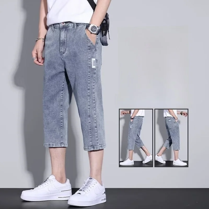 

Men's Summer Thin Straight Leg Jeans orts High Waist Zipper Closure Casual Trendy Youth ular Seven-Five Length Pants