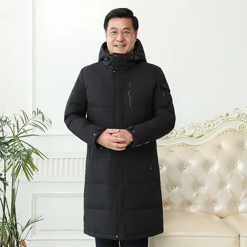 Manteau à capuche en duvet de canard blanc pour homme d'âge moyen, veste longue au-dessus du genou, plus optique, papa, hiver