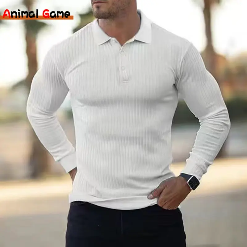 Autumn Long Sleeve T-shirts Men Spring Lapel Collar Fashion Casual Solid Color Yoga Tops Long Tshirts Button-up Fitness T Shirt