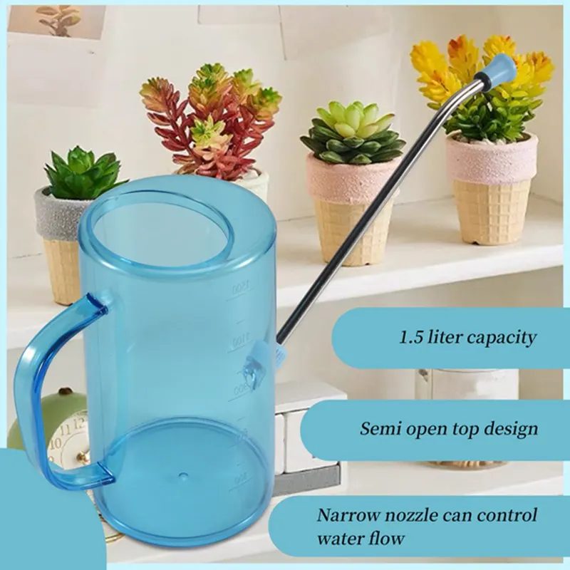 ABXF-blauwe gieter, 1,5 l gieter met grote capaciteit, gieter met lange uitloop en lekvrije pakking, voor vetplanten