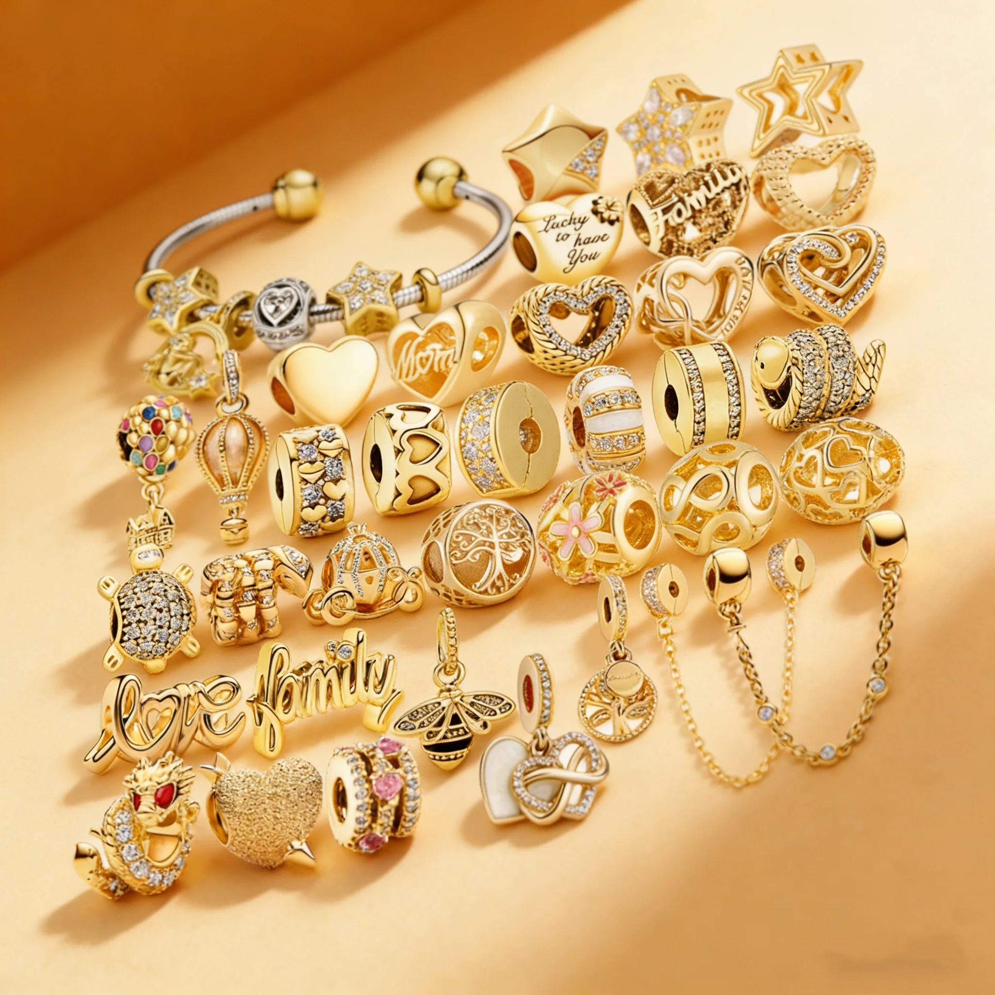 

New Original Sparking Gold Bees, Turtles, Cats, Snakes Charms Beads DIY Women Jewelry Gift Beads Fit Bracelets