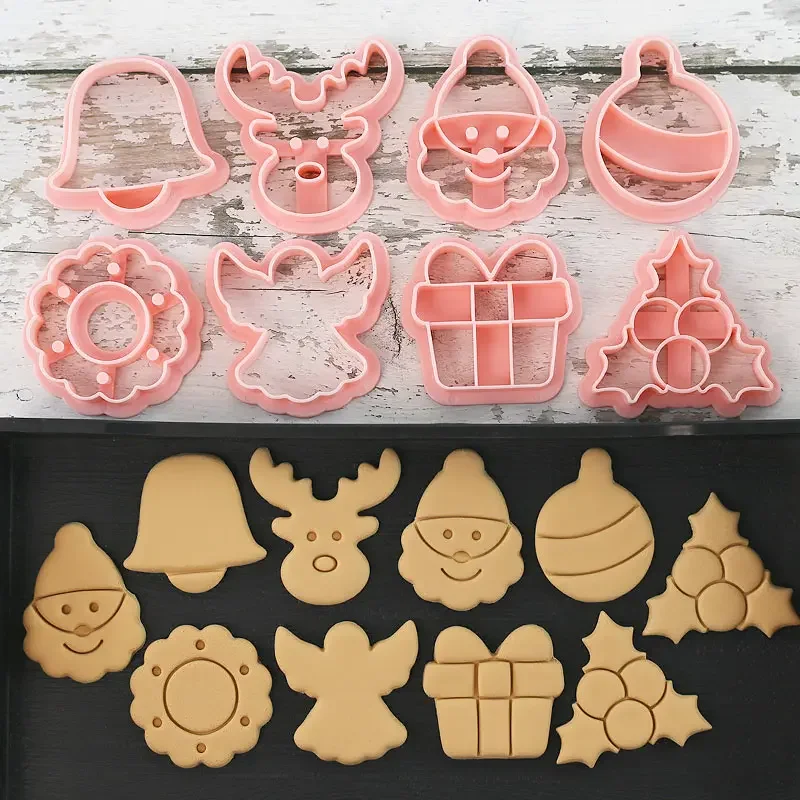 8Pcs Chocolate Christmas Cookie Cutter Santa Claus Elk Biscuit Mould Pressable Fondant Stamp New Year Cake Decor Baking Supplies