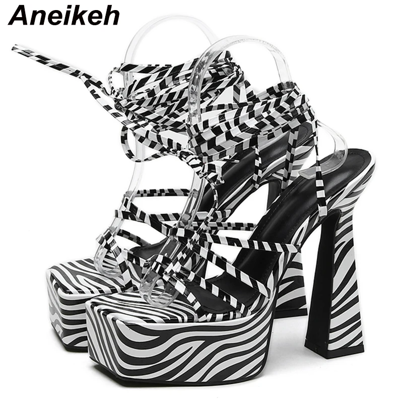 Aneikeh 2024 New Zebra pattern Chunky Heels Sandals Fashion Peep Toe Ankle Cross Lace-Up Platform Women Stripper Party Shoes