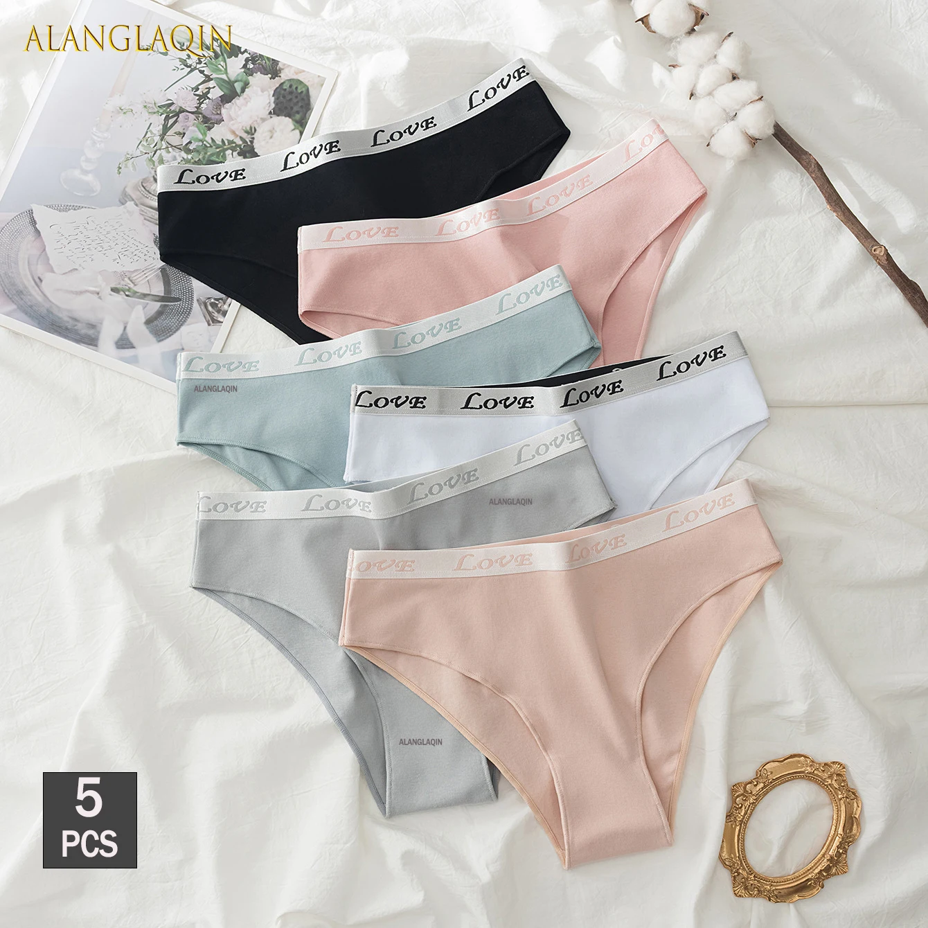 Autumn 5PCS/SET Women's Cotton Panties Sexy Soft Underpants Mid Waist Letter Briefs Female Comfortable Stretch Lingerie