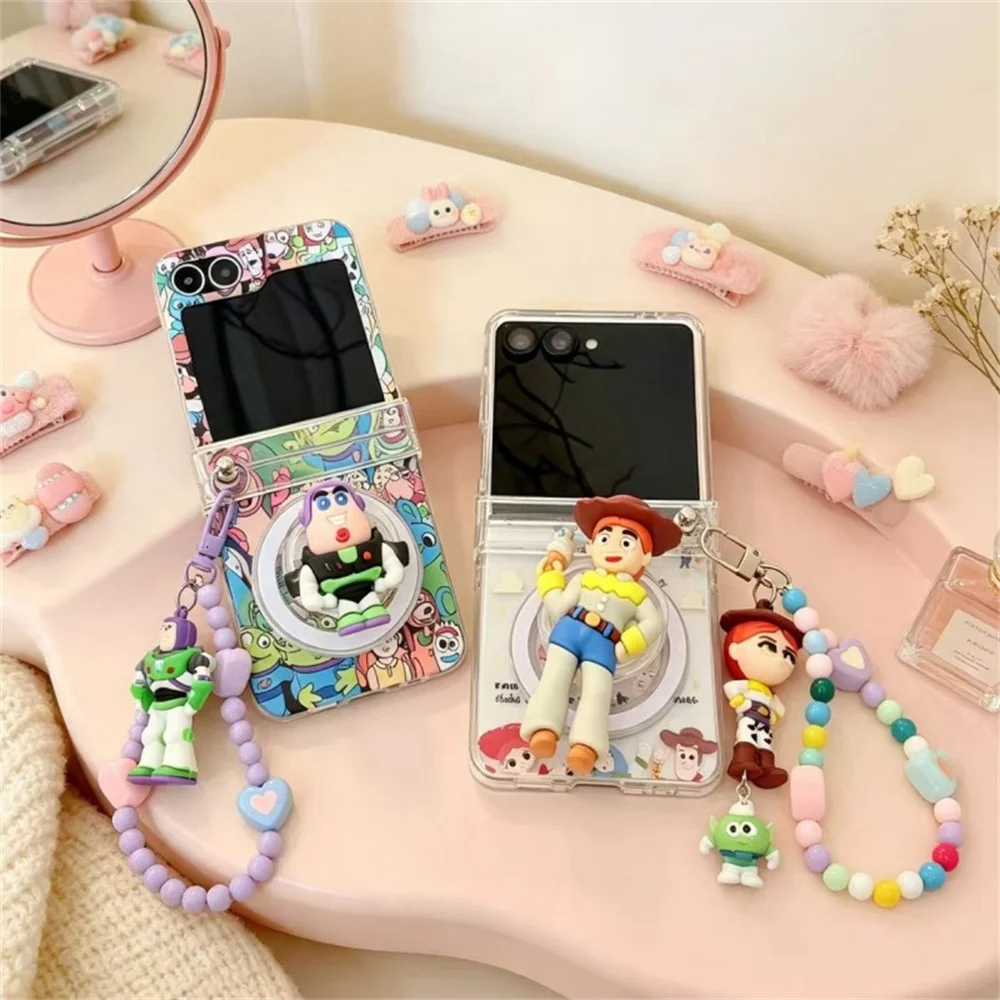 Toy Cartoon Magnetic Phone Case For Samsung Galaxy Z Flip 8 7 6 5 Hard Cover 3D Stand Doll Pendant Color Beaded Wrist Lanyard