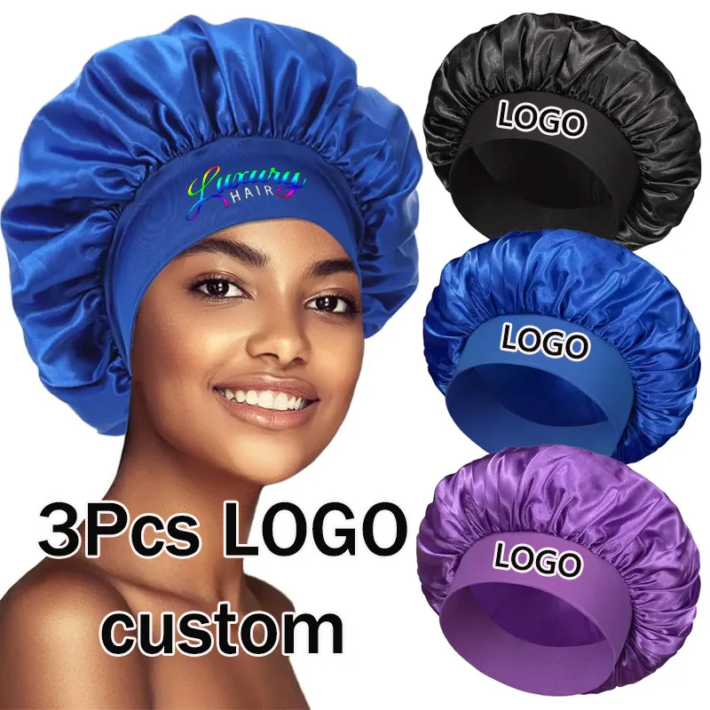 Hot deal: Comfy Satin Hair Bonnet 3 Packs Full Night Sleep Cap Head Bonnets Personalized Logo Women Hair Protect Accessory