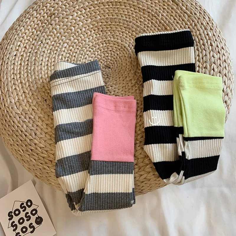 New Spring Autumn Girl Baby Fashion Striped Leggings Boy Infant Splicing Ribbed Casual Pants Newborn Cotton Trousers Kid Clothes