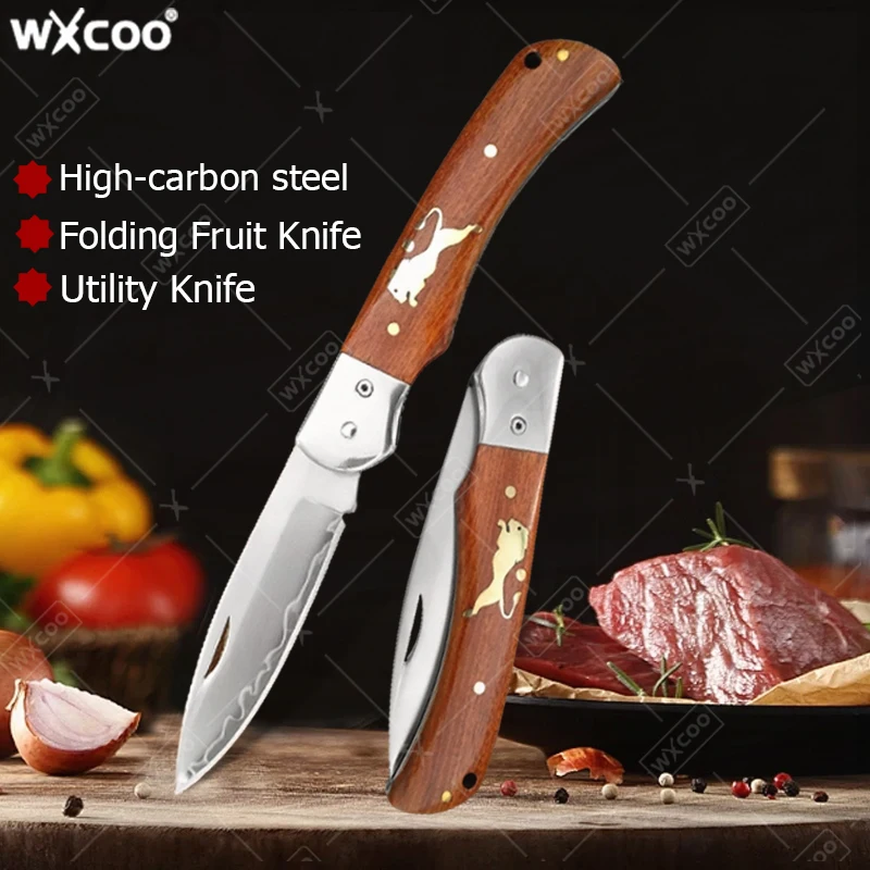 WXCOO High-carbon Steel Kitchen Knife Sharp Folding Paring Knife Wooden Handle Multipurpose Fruit Knife for Cut Meat Slicing