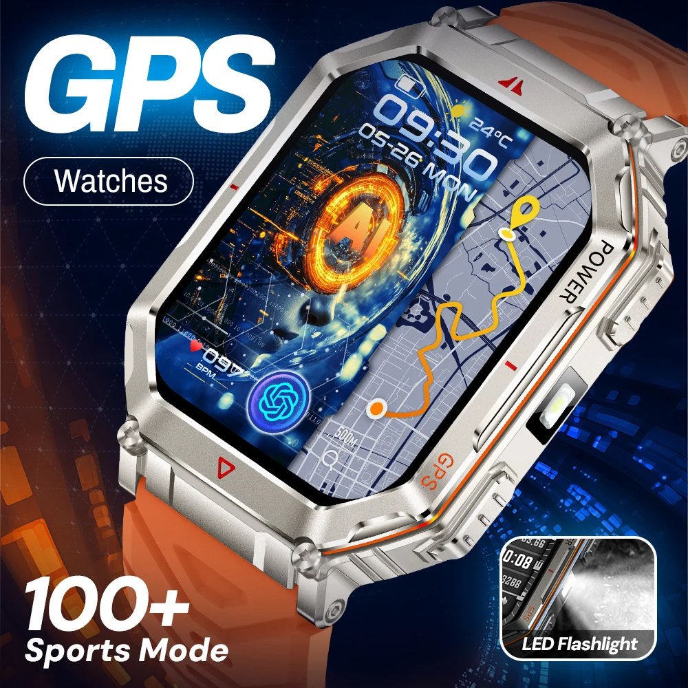 

Умные часы KR92 GPS для мужчин — HD-экран 2,01 дюйма, более 100 спортивных режимов, светодиодный фонарик, Bluetooth-вызовы, компас и датчик высоты