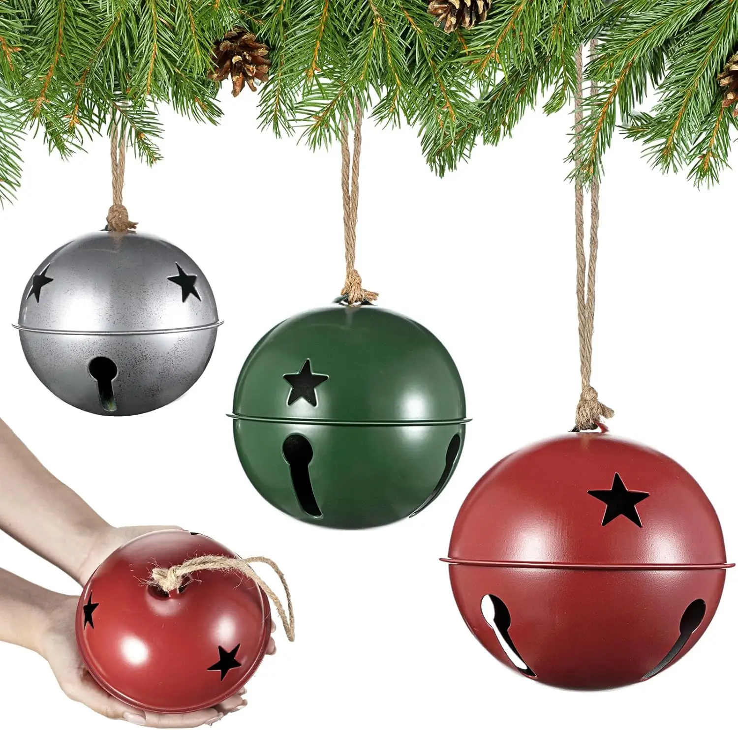 

Vintage Christmas Bells Ornaments Set with Jute Rope - Silver, Red, Green for Tree Decor