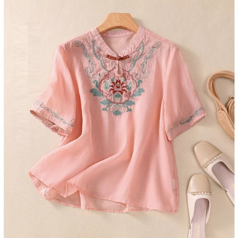 Women\'s Chinese Style Vintage Embroidery Blouse Stand Collar Hollow Cotton Linen Shirt Short Sleeve Loose Tops Blusas Para Mujer