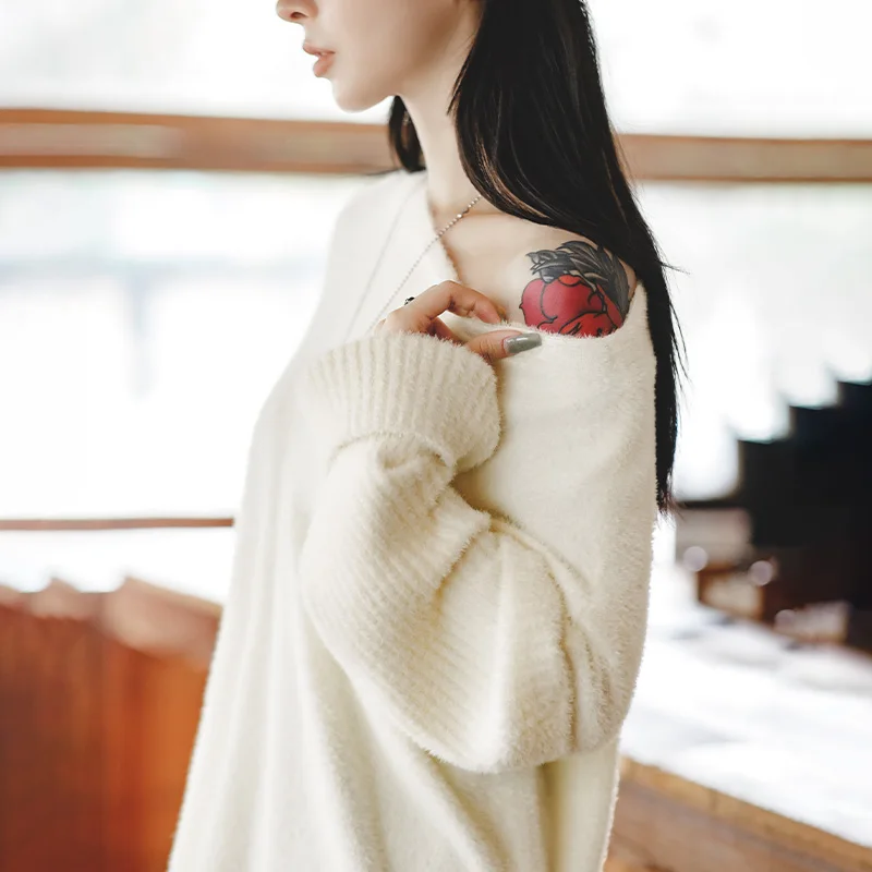 MADEN Women Imitation Mink Sweater 2024 New Autumn Winter Long Sleeve Round Neck Warm Knitwear Loose Fit Beige Pullover Sweater