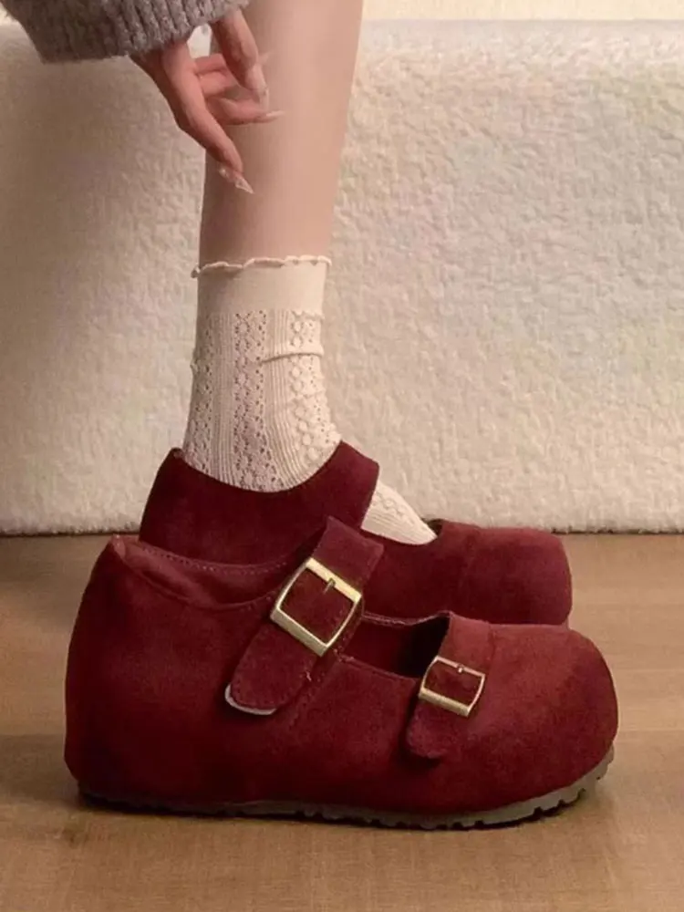 

Red Retro Faux Velvet Heightening Mary Jane Shoes Women's Spring 2026 New Cute round Head Slip-On Fashionable Flat Heels