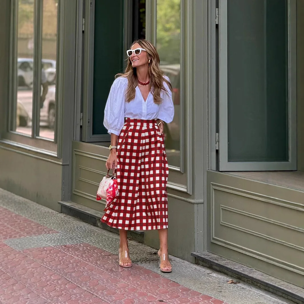 

Fashion Plaid Print Long Skirt Woman Elegant High Waist A-Line Long Skirt 2026 Summer Office Pocket Casual Loose Pleated Skirt