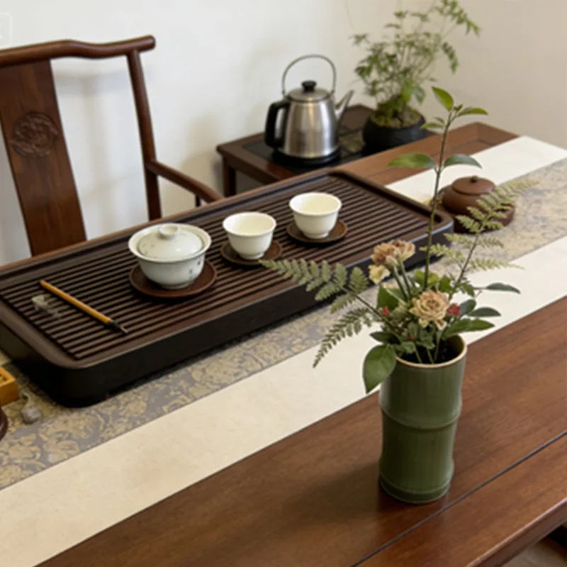 Handmade bamboo ceramic pen holder retro green blue glazed flower ware Chinese style tea room tea mat stationery pen holder
