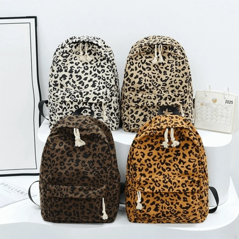 Corduroy Leopard Print Backpack Harajuku Lightweight Students School Bag College Style Korean Style Students Daypack Shopping