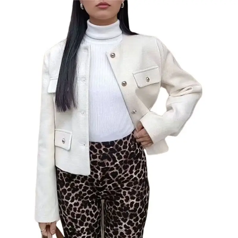 

A24F-Women Cropped Blazer Jacket Collarless Button Down Business Casual Fall Outfits Winter Coats