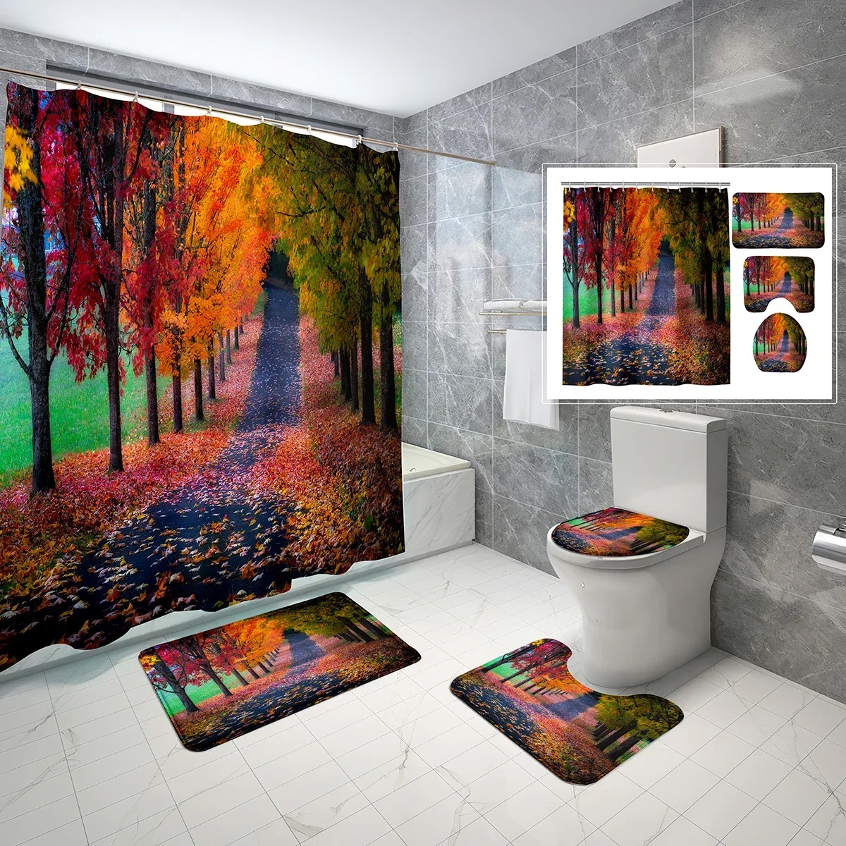 

Осенние тематические наборы занавесок для душа, 4-х шт., красный кленовый лист, дерево и путь, нескользящий коврик для ванной, чехол для унитаза, водонепроницаемый набор занавесок для душа