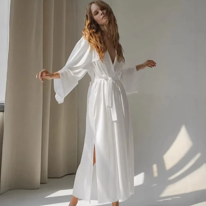 

2026 Новая весенне-летняя атласная длинная ночная рубашка на шнуровке, женская свободная посадка, приятная для кожи одежда для отдыха, халат в европейском и американском стиле L