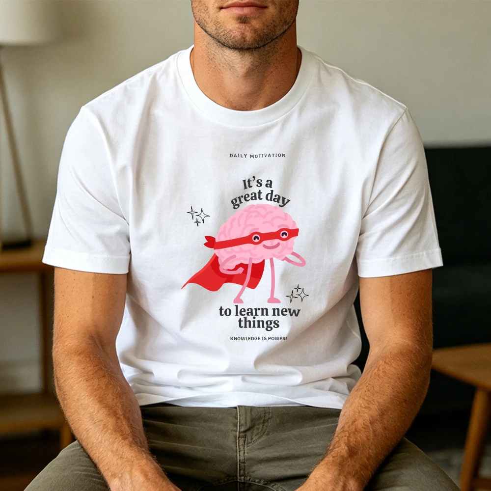 Flying Superhero Brain Knowledge Men T Shirt Daily Motivation Education Graphic Tee Smart Cool Streetwear Clothes
