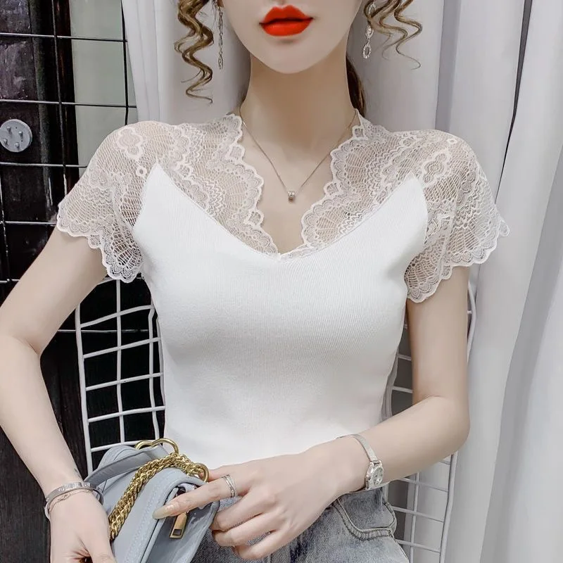 2024 New Floral Lace Panel Elastic T shirt Women Lace Sleeve Vest Blouse Fashion Ladies Blouses Tops Black White Pink Female Tee