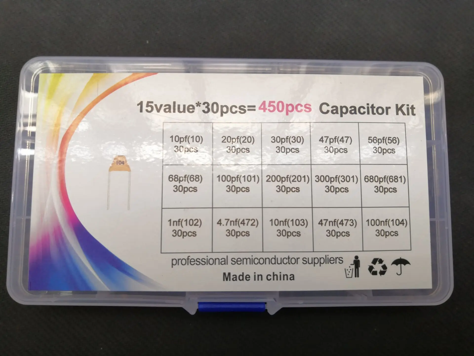 15Assort*30PCS 10pf~100nf Monolithic Capacitor Kit 1/4.7/10/473/100/NF 104 102 103 101 473 101 20/30/47/56/68/100/200/300/680/pf